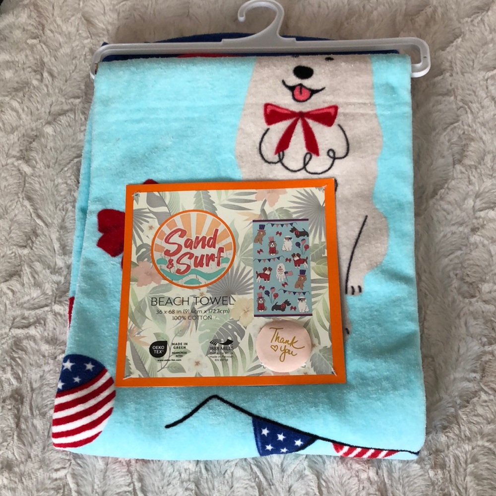 Sand & Surf Light Blue Beach Towel with Patriotic Dog Print